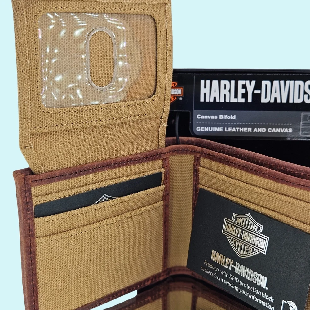 Harley Davidson Wallet Cotton Canvas Bifold Khaki Leather Trim RFID Protection
